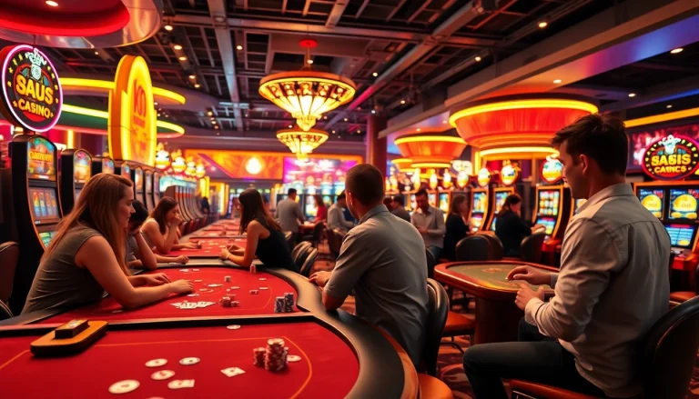 Visuel captivant du site casino en ligne avec des joueurs à la table de jeu et des machines à sous illuminées