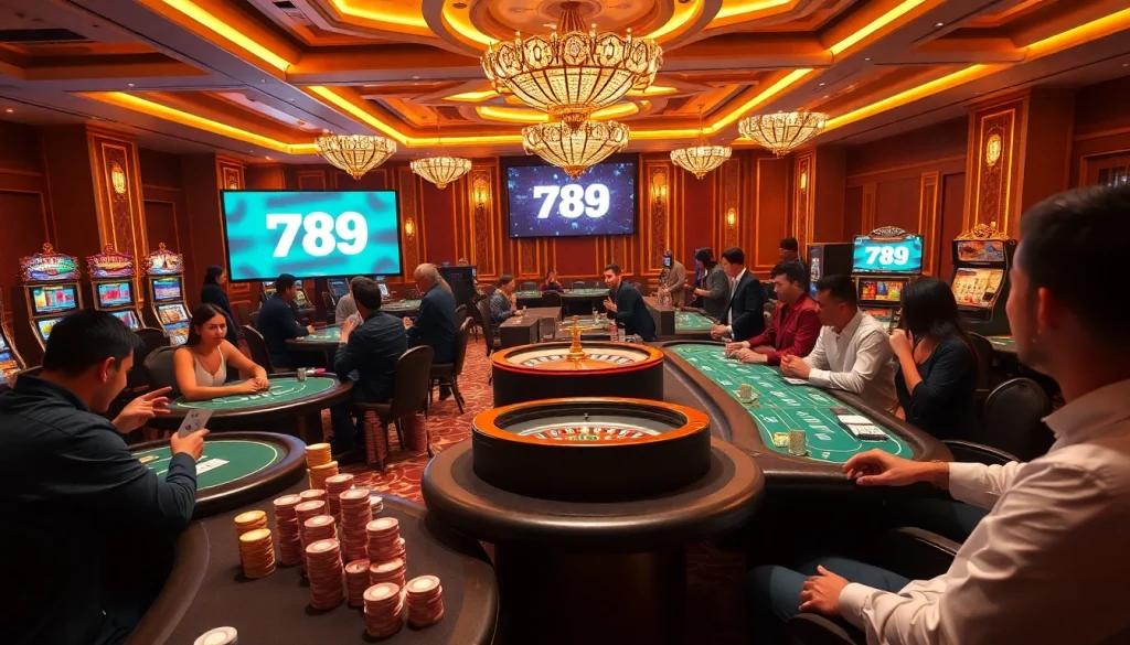 Gamblers enjoying a thrilling game at the luxurious casino 789 f with poker chips and slot machines.