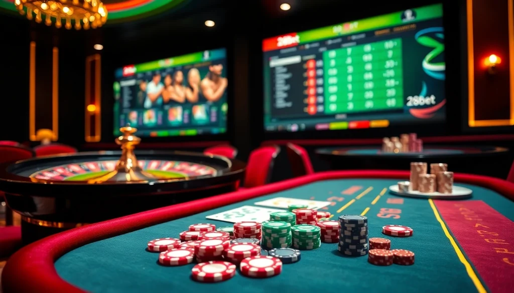 Experience thrilling moments at 28Bet's luxurious casino with colorful poker chips and roulette excitement.