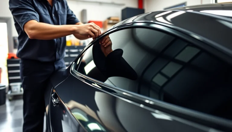 Applying ceramic window tint with precision in a professional auto shop setting.