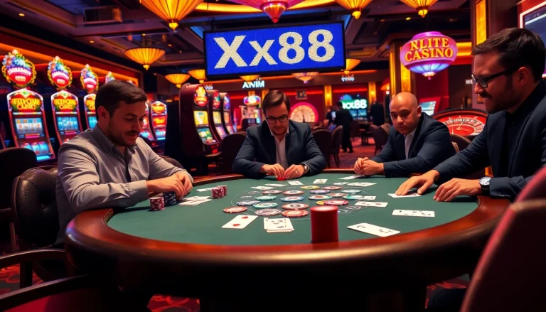 Xx88 poker table scene showcasing high-stakes gambling excitement and colorful casino elements.