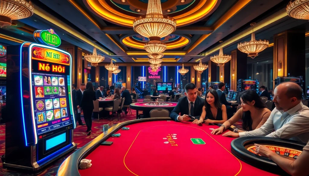 Experience the thrill of winning at the Nổ Hũ slot machine in a bustling casino atmosphere.