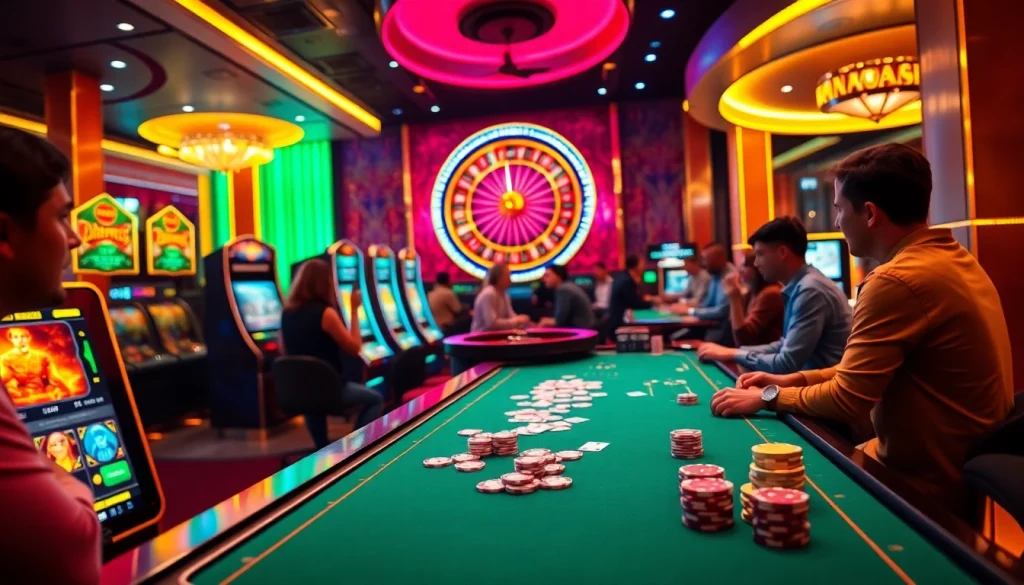 Des joueurs engagés profitent des jeux dans un casino crypto passionnant, avec des machines à sous dynamiques et des tables de poker.