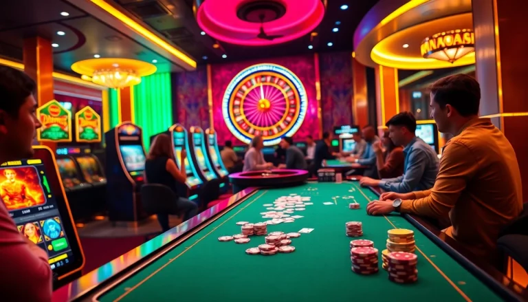 Des joueurs engagés profitent des jeux dans un casino crypto passionnant, avec des machines à sous dynamiques et des tables de poker.