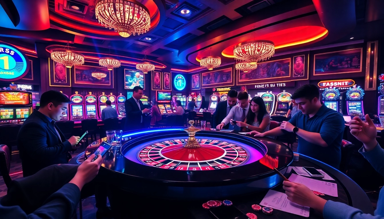 Players engaging with casino crypto games at a luxurious roulette table in a vibrant casino.