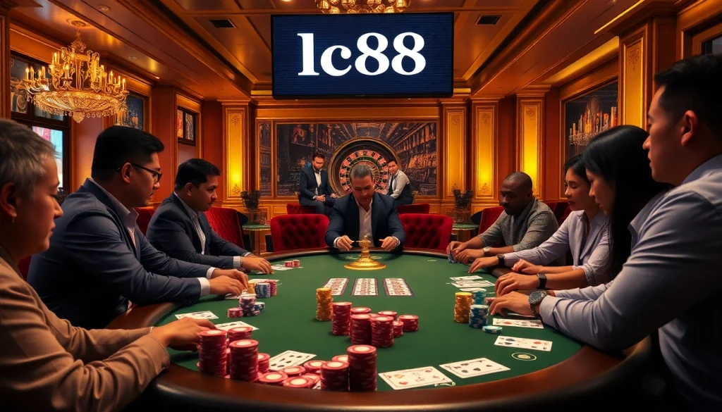 Engaged players enjoying poker at a luxury casino with lc88 branding visible