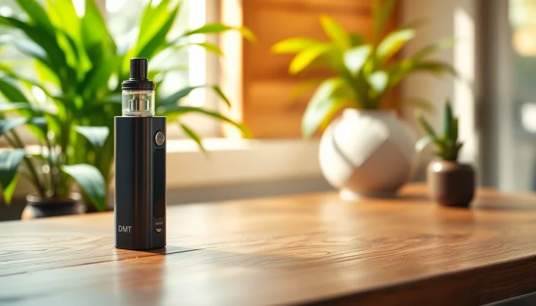 Showcase a premium DMT for sale vaporizer on a wooden table, surrounded by nature.