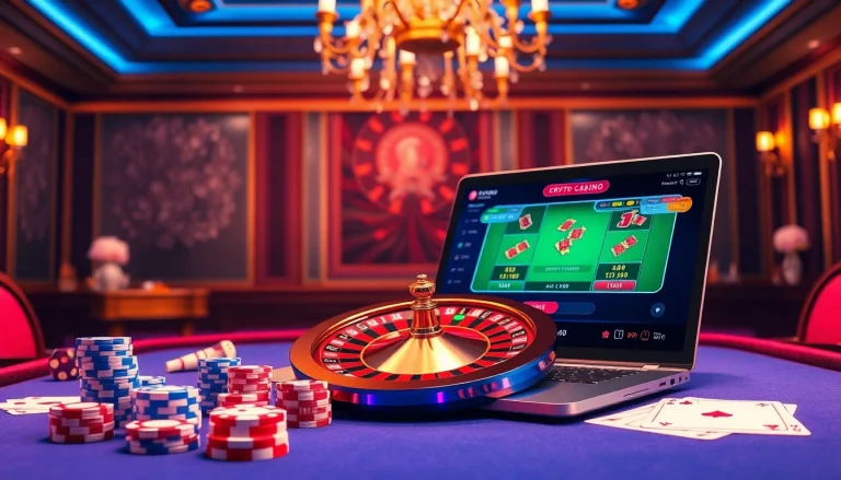 Exciting digital gaming scene highlighting crypto casinos and poker chips.