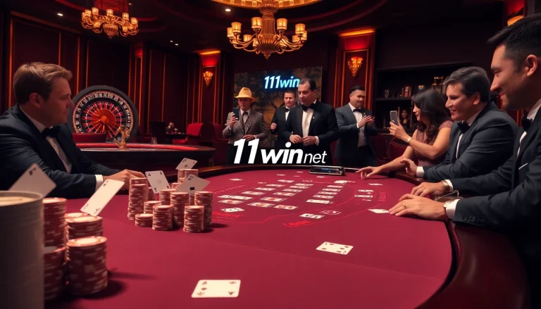 Experience excitement at the 11win net blackjack table with engaging players and vibrant game elements.