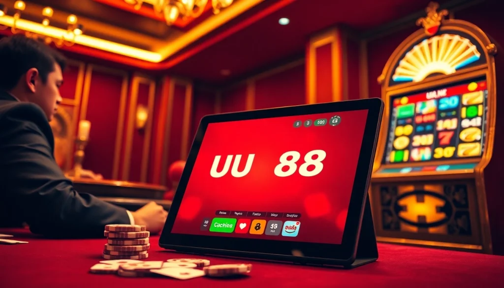 Experience the thrill of gambling at uu88 with a vibrant casino scene featuring poker chips and cards.