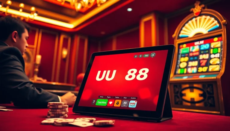 Experience the thrill of gambling at uu88 with a vibrant casino scene featuring poker chips and cards.