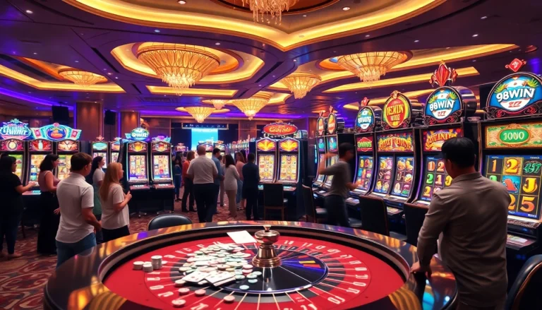 Playing 98win nổ hũ, vibrant slot machines and players enjoying the excitement in a casino.