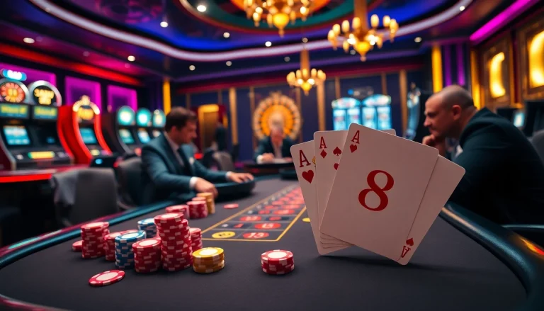 Players strategizing with S8 poker cards at a luxurious casino table, showcasing a thrilling atmosphere.