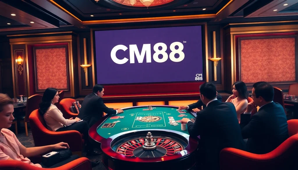 CM88 logo displayed in a luxurious casino setting with players at a poker table.