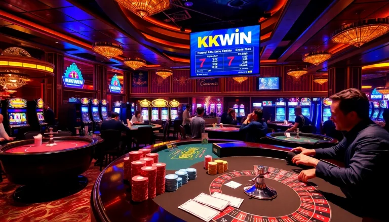 Engage in thrilling casino games at KKWIN, with poker chips and a vibrant roulette table.