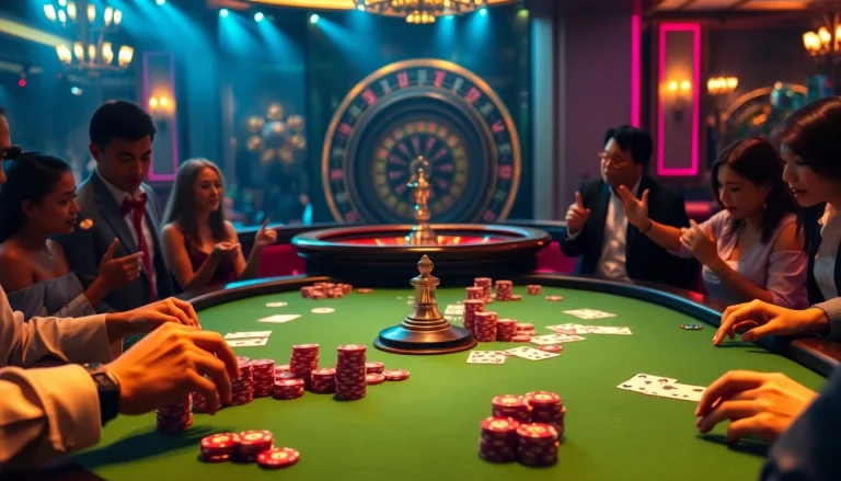 Poker players experiencing high-stakes excitement at a luxurious casino table featuring S8-themed poker chips and cards.