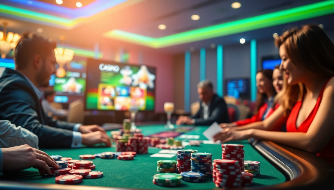 Les joueurs s'amusent à des jeux de table dans un cadre de casino en ligne argent réel vibrant.