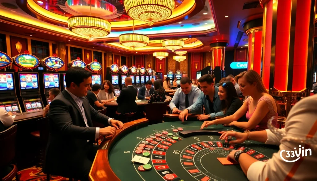 33win evokes excitement as players place bets at a luxurious casino table, surrounded by vibrant gaming elements.
