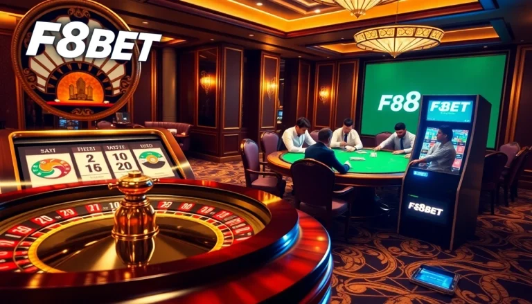 F8BET poker players in an upscale casino setting, showcasing excitement and luxury.
