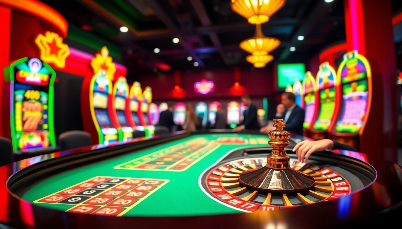 Joueurs heureux à un casino en ligne fiable avec une roulette vibrante et des machines à sous lumineuses.