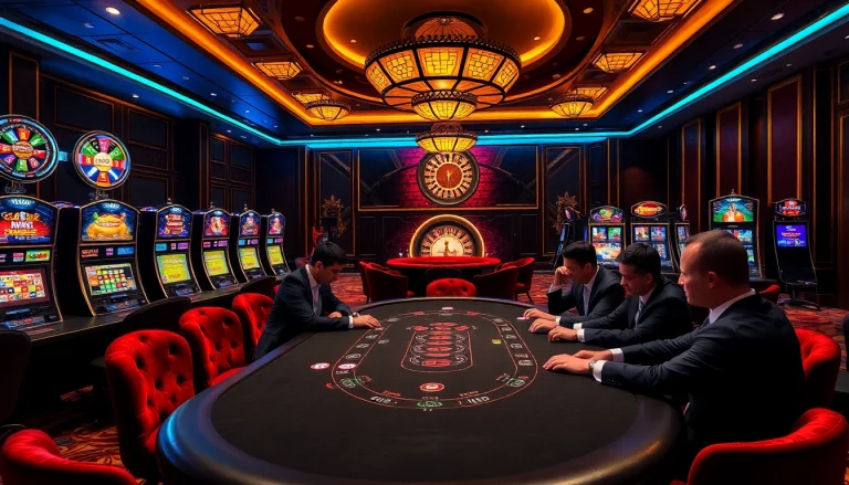 Engaging scene of professional poker players at Nhà cái uy tín QQ88 casino, highlighting excitement and luxury.