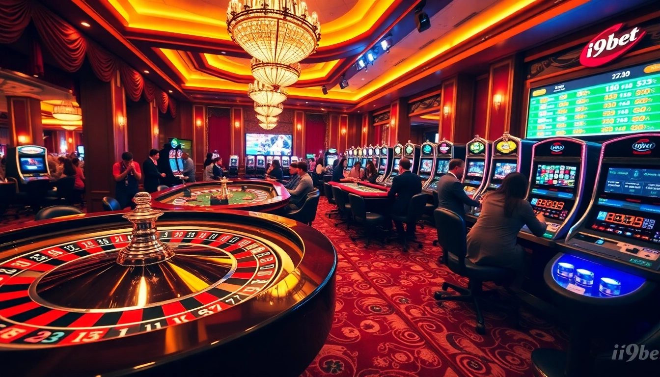 i9bet casino scene showcasing exciting gameplay with roulette, poker chips, and vibrant slot machines.