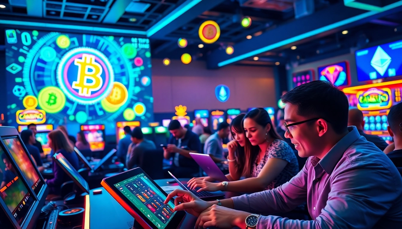 Joueurs enthousiastes au meilleur crypto casino, entourés de lumières néon colorées.