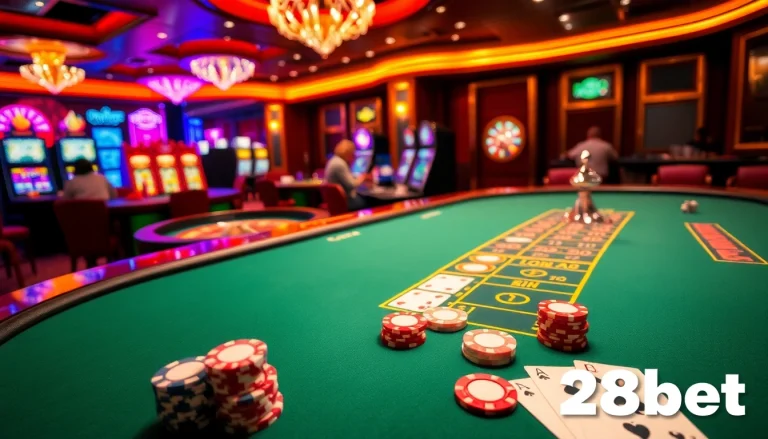 A thrilling moment of players engaging with blackjack at 28bet casino, highlighting excitement and luxury in gambling.