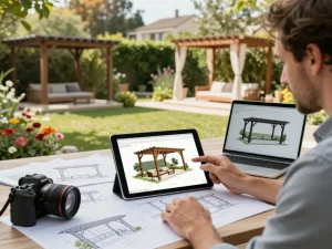 Architecte utilisant un configurateur 3D pour fabricants de pergolas, concevant des espaces extérieurs innovants au milieu de magnifiques jardins.