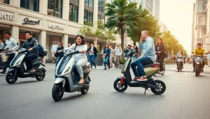 Un scooter électrique sur Trottinette-electrique.news dans une rue animée avec des pilotes.
