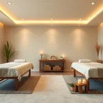 마사지대와 차분한 인테리어가 갖춰진 편안한 동탄출장마사지 테라피룸.