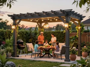 Une famille profitant d'activités de plein air sous un design de configurateur de pergola 3D, mettant en avant un espace de jardin moderne et accueillant.