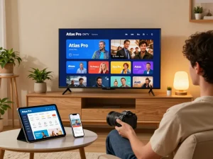 Profiter d'Atlas Pro ONTV sur une Smart TV dans un salon confortable, illustrant un divertissement moderne à domicile.
