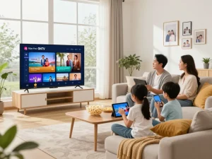 Une famille utilisant Atlas Pro pour une agréable soirée cinéma dans un salon confortable, mettant en avant divers appareils.