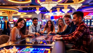 Joueurs heureux dans un casino fiable en ligne avec des jeux passionnants et un décor élégant.