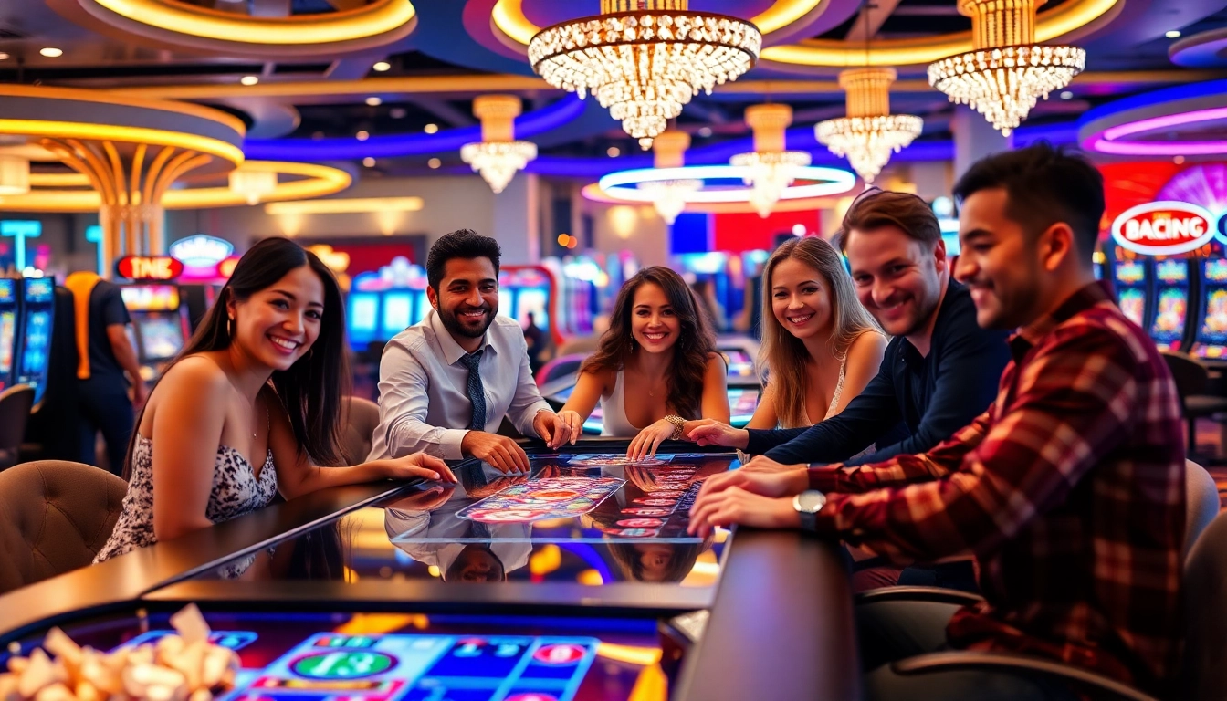 Joueurs heureux dans un casino fiable en ligne avec des jeux passionnants et un décor élégant.