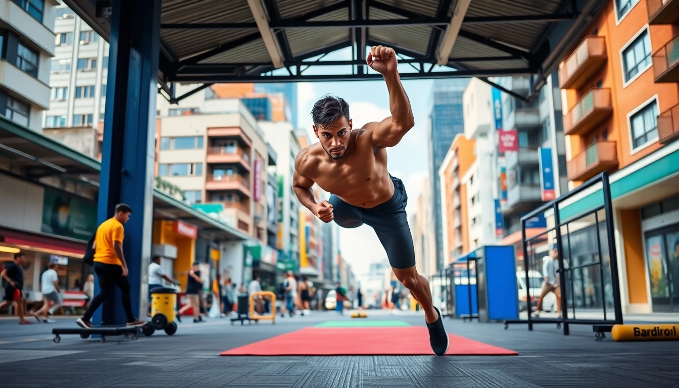 Entraînement station street workout avec un athlète dynamique au premier plan.