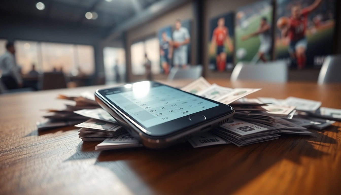 Mise en scène des paris sportifs hors arjel avec smartphone et billets sur une table en bois.