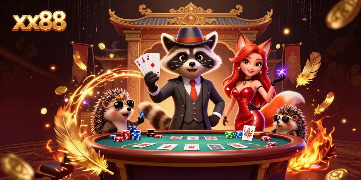 Experience electrifying poker action with the stylish xx88 raccoon, fox, and hedgehog!