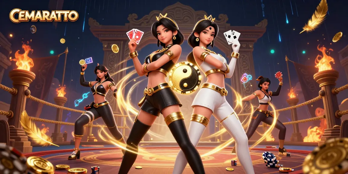 CEMARATOTO showcases a dynamic casino scene featuring twin Asian women with playing cards representing thrilling gameplay.