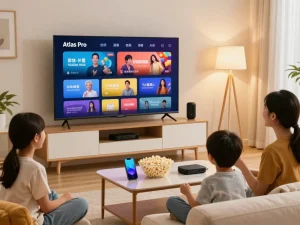 Une famille profitant d'Atlas Pro IPTV sur une télévision moderne dans un salon confortable.