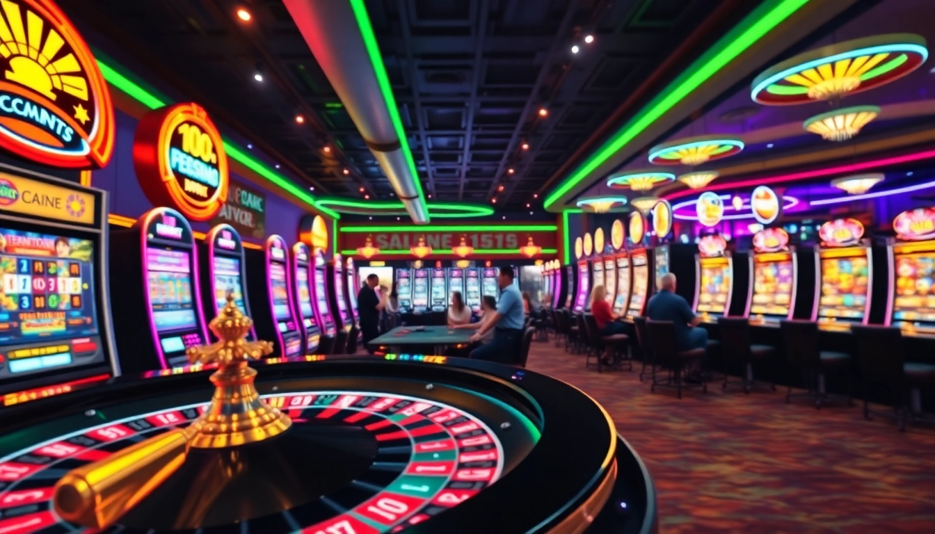 Jouez à des jeux de casino en ligne avec des machines à sous et une ambiance festive.