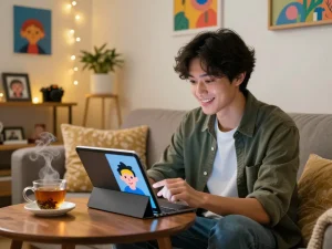 AI 18+ conversation scene with young adult engaging in intimate chat on a tablet in a cozy atmosphere.