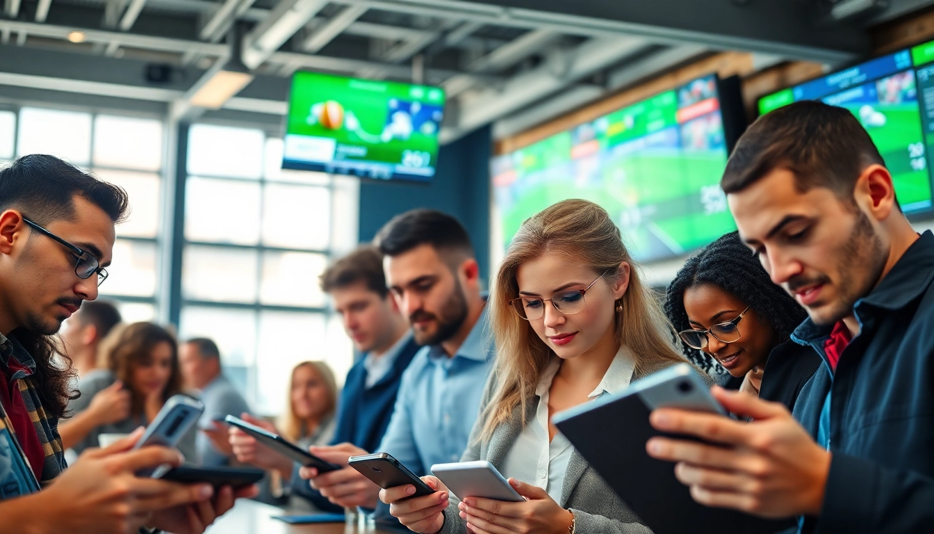 Engaging scene of bettors at a site de paris sportif, immersed in sports statistics and live events.