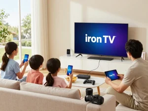 Profiter d'Iron TV dans un salon familial confortable avec divers appareils.