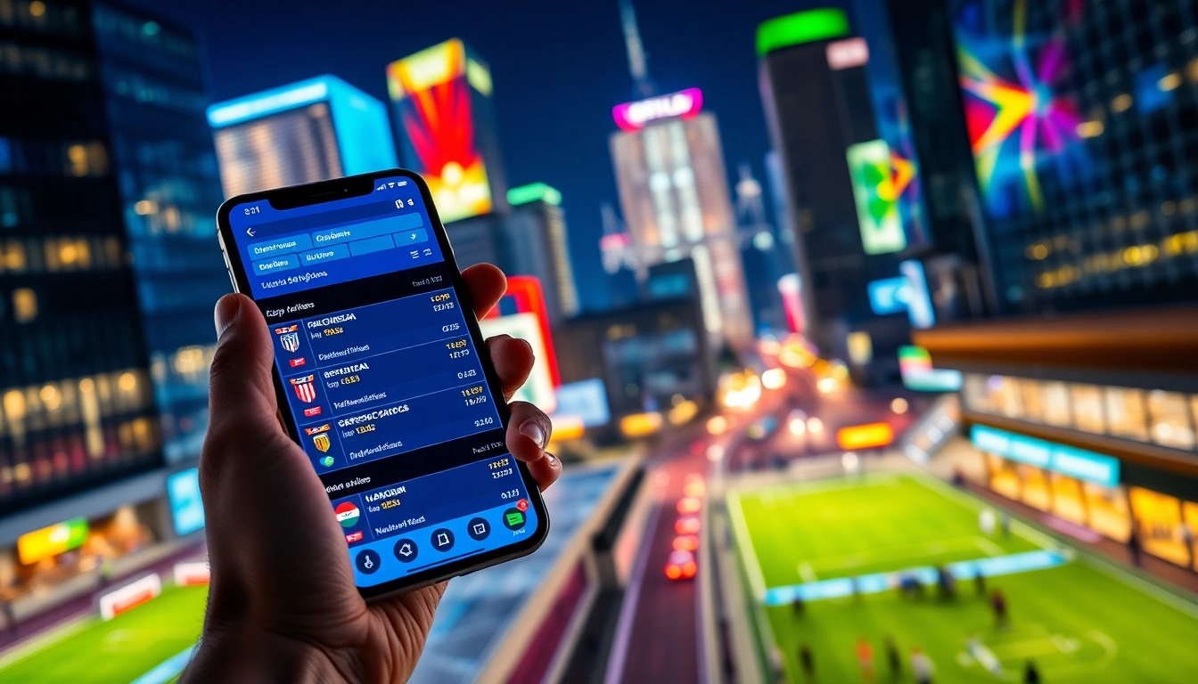 Parcours de paris sportif hors arjel avec une main tenant un smartphone au milieu d'une ville vibrante.