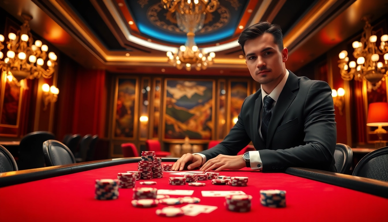 Jouez sur un casino en ligne fiable avec des cartes et des jetons de poker dans une ambiance élégante.