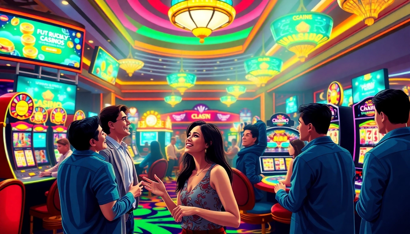 Expérience dynamique de casino en ligne avec des joueurs engageants et des machines à sous animées.