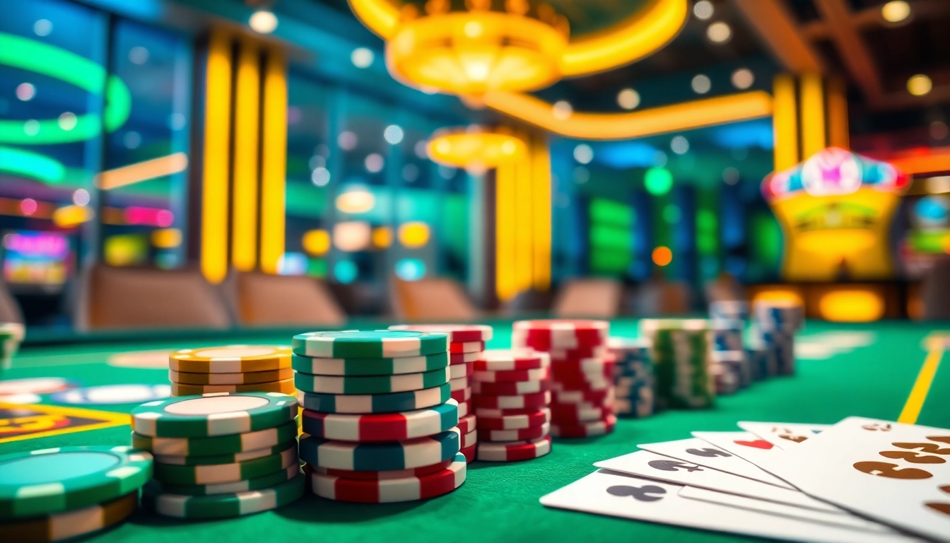 Jouez au casino en ligne avec des jeux de table captivants et des jetons colorés.
