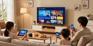 Family enjoying Atlas Pro ONTV while watching movies on a smart TV.